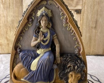 Wooden Parvati Statue with Lion, Hindu Goddess Sculpture, Shakti Energy Altar Decor