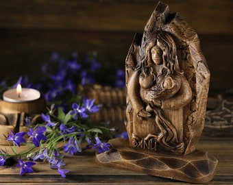 Danu Goddess Wood Carving: Celtic Mother Statue, Irish Mythology