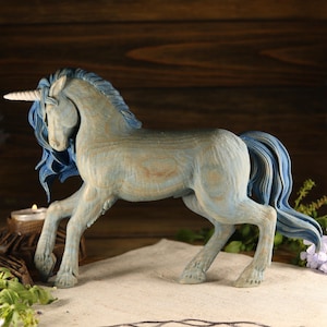 Unicorn figurine, Unicorn statue, Blue unicorn, Unicorn sculpture Horse statue Mythical creatures Unicorn carving Wood carving Unicorn decor