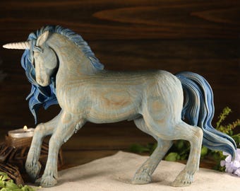 Blue Unicorn Wood Carving: Mythical Creature Statue, Home Decor