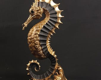Wooden Seahorse Sculpture Black Gold, Marine Decor, Ocean Symbol Figurine, Coastal Home Decor, Nautical Gift, Spiritual Symbol