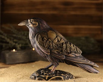 Raven Wooden Statue Celtic Forest Raven Carving Pagan Altar Decor Morrigan Crow Idols