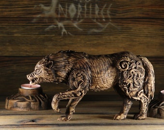 Fenrir Wolf Statue: Norse Pagan Wood Carving