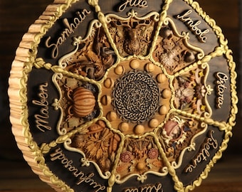 Wheel of The Year: Wiccan Sabbat Calendar, Wood carved Pagan Altar Decor