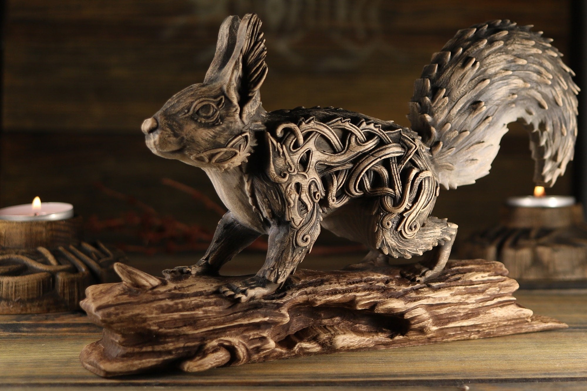 Ratatoskr Squirrel Wood Carving: Norse Viking Altar Decor