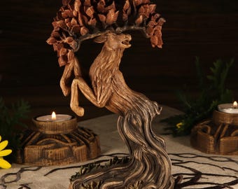Wooden Tree Deer Statue: Pagan Norse Decor Mystical Animal
