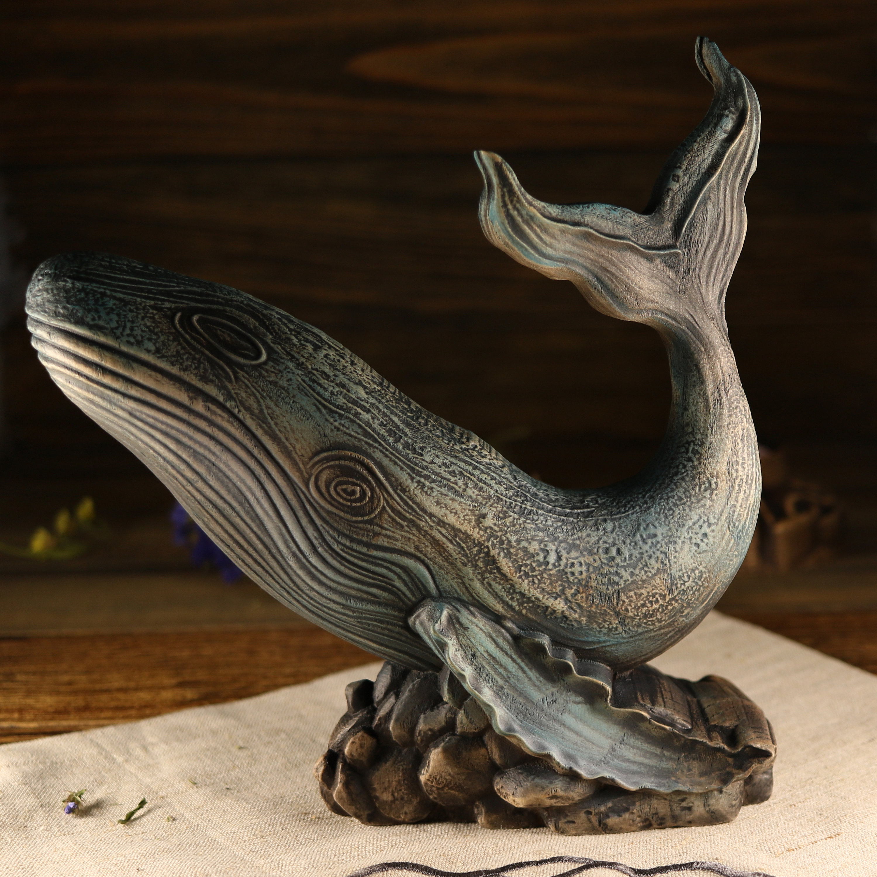 Blue Whale Sculpture: Ocean Home Wooden Statue Animal Figurine