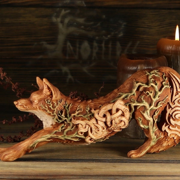 Red fox, Fox statue, Fox wood, Fox ornament, Fox sculpture Wooden fox Fox gift Norse pagan Fire fox Fox decor Norse mythology Celtic Asatru