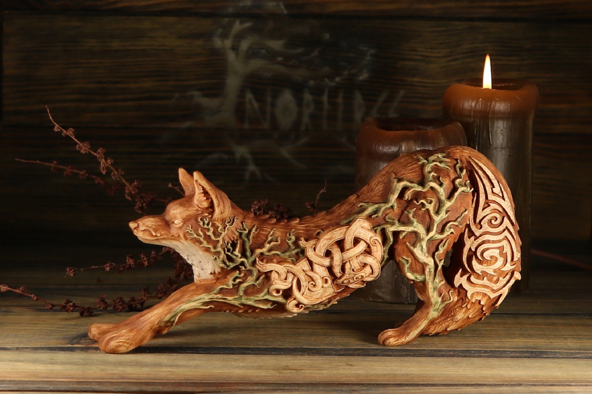 FOX and HARE Graceful Wood Carving Animal Picture. Wild Life Wall