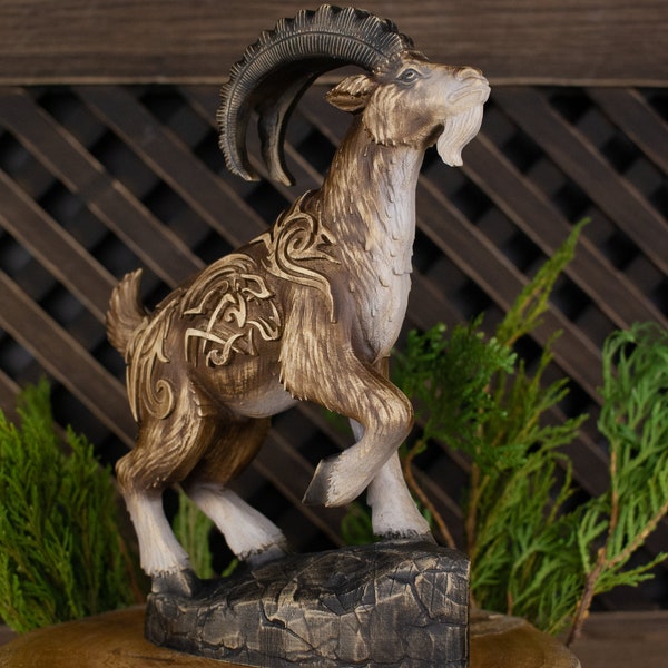 Wood goat Norse statue Goat figurine Goat statue Mountain goat Viking goat Animal figurine Norse mythologyWooden carving Goat art Goat decor