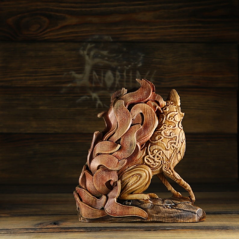 May include: A wooden sculpture of a fox with intricate details carved into its fur. The fox is depicted with its tail curled up and its head turned to the side. The sculpture is painted in shades of brown and red, giving it a realistic appearance.