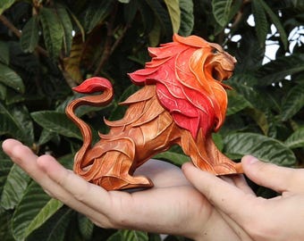 Wooden Lion Statue Totem Mystic Spirit Figurine Hand Carved Solar Fire Art Home Decor