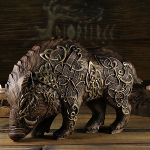 Viking decor, Gullinbursti, Celtic boar, Wood sculpture Norse mythology Boar statue Norse pagan, Wood carving Celtic pagan Celtic mythology