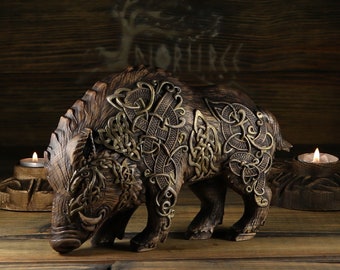 Viking decor, Gullinbursti, Celtic boar, Wood sculpture Norse mythology Boar statue Norse pagan, Wood carving Celtic pagan Celtic mythology