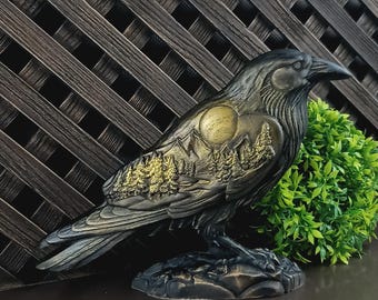 Pagan RavenWooden Statue – Viking & Celtic Forest Carving, Crow Sculpture with Moon and Gold Details