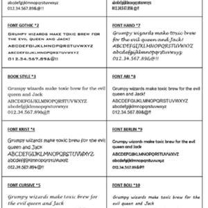 A font options chart for custom personalization and engraving. The grid displays 10 different numbered typography styles, including gothic, cursive, book style, and bold fonts, showcasing how custom text will look.