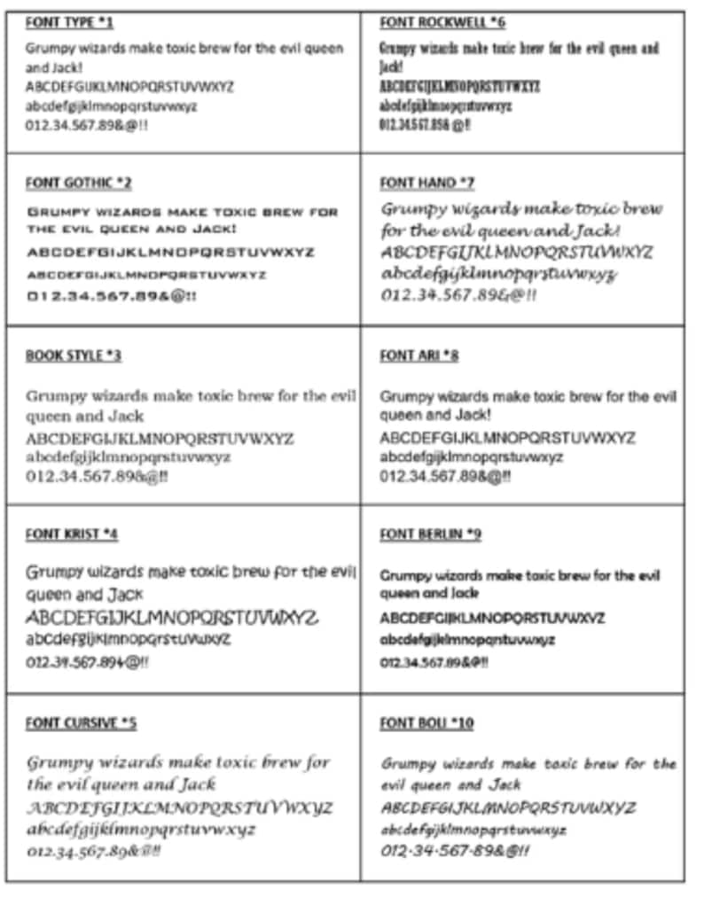 A font options chart for custom personalization and engraving. The grid displays 10 different numbered typography styles, including gothic, cursive, book style, and bold fonts, showcasing how custom text will look.