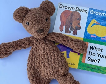 READY TO SHIP* Brown Bear Lovey | Handmade Crochet Bear |  Baby's First Bear |  Woodland Nursery Decor | Baby Shower Gift Book Buddy