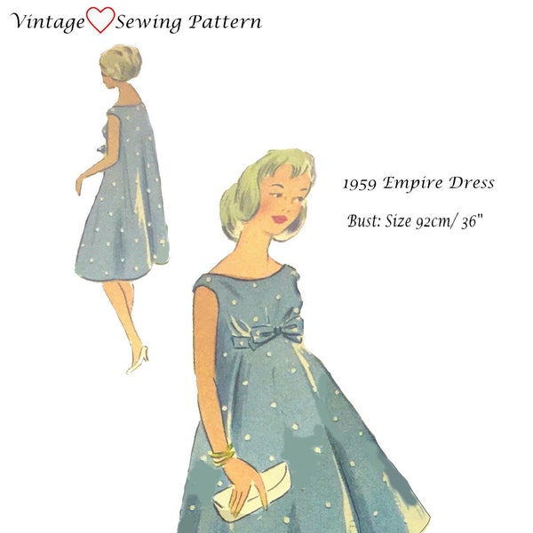 1950s 1960s Empire Dress Maternity Dress Digital Sewing Pattern Size EU 36 EU 38 Download