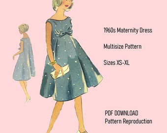 Sewing pattern maternity dress vintage empire dress 60s sewing cocktail dress 1960 sewing pattern festive sixties retro sewing instructions XS-XL