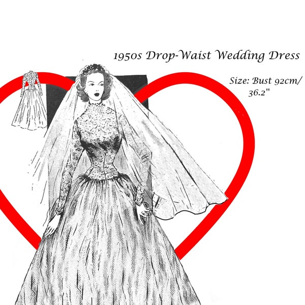 Digital Sewing Pattern 1950s Reproduction Princess Drop Waist Wedding Dress Longsleeve Size 92 cm/ 36''/ M / EU 38