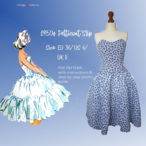 Sewing Pattern for a 1950s Petticoat Slip Dress in size S Print at home Download