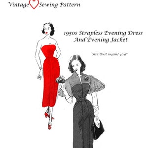 1950s Sewing Pattern Reproduction Strapless Evening Dress & Jacket Size L Download