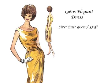 1960s Cocktail Dress Asymmetric Pattern Audrey Hepburn Style Size 37.5. inch/ 96cm  M/ EU 42 Print at home Download