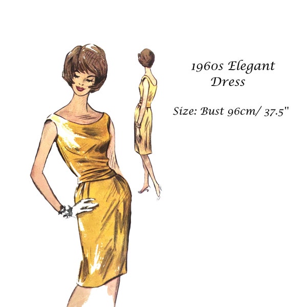 1960s Cocktail Dress Asymmetric Pattern Audrey Hepburn Style Size 37.5. inch/ 96cm  M/ EU 42 Print at home Download