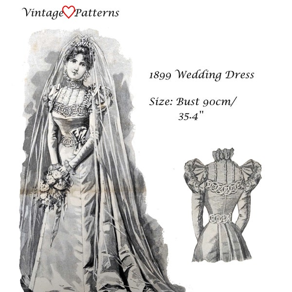 Patron de couture numérique 1899 robe de mariée victorienne patron de couture taille 90 cm EU 36/38 téléchargement numérique