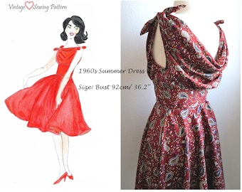 Vintage Pattern Elegant Dress Audrey Hepburn Cowl Neck Size 36&#39;&#39; / 92 cm / M / EU 38 Print at home Download