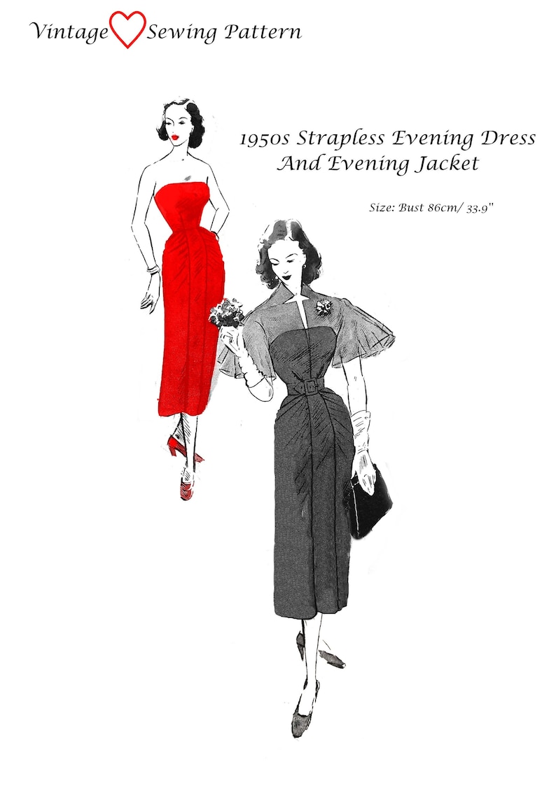 1950s History of Prom, Party, Evening and Formal Dresses     1950s Sewing Pattern Reproduction Strapless Evening Dress & Jacket Size XS Download  AT vintagedancer.com