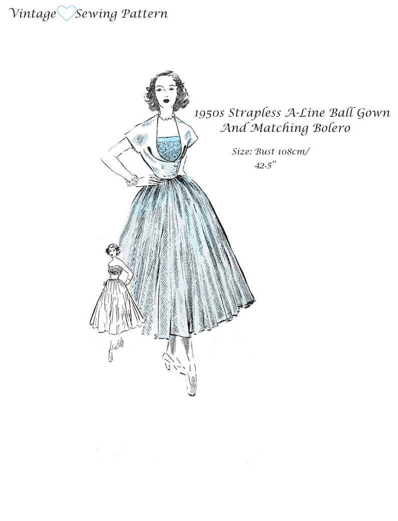 Vintage Evening Dresses, Vintage Formal Dresses     1950s Dress Pattern 50s Strapless Ball Gown Pattern Reproduction Bolero PDF Download Vintage Cocktail Dress Pattern Size XL  AT vintagedancer.com