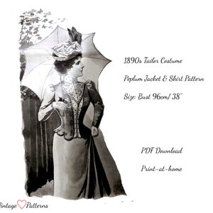 Digital Sewing Original 1890s Victorian Two Piece With Peplum Jacket and Skirt M PDF Download