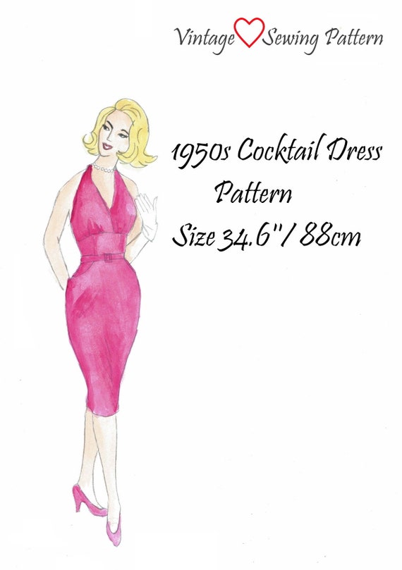 1950s Cocktail Dress Pattern Marilyn Monroe Style Size 34.6 Inch/ 88cm / S  / EU 36 Print at Home Download - Etsy