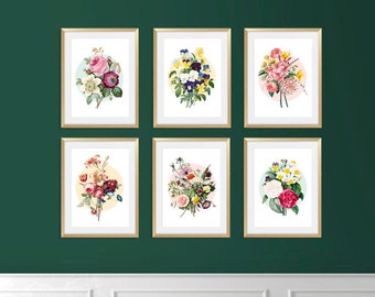 estampados florales arte de flores - ramo de flores conjunto de estampados o individuales, carteles de arte de pared de galería, arte floral, ilustraciones botánicas