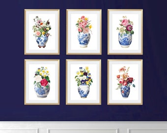 Ginger jar art prints with flowers - Hamptons blue and white Chinoiserie prints, botanical prints, set of six prints to choose from