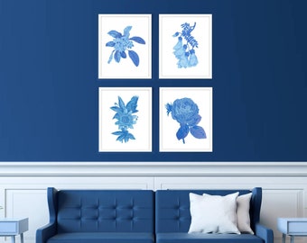 hamptons style blue and white art - floral art chinoiserie wall art flower prints - new zealand kowhai print, rose art, frangipani print