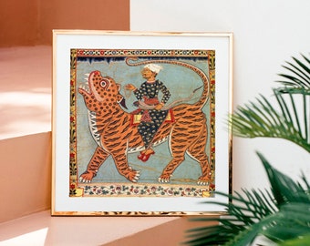 Indian tiger print - eclectic wall art maximalist home decor, vintage Indian art, wild animal art, jungle art, antique wildlife, tiger decor