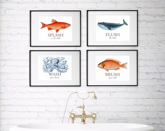 Láminas decorativas para el baño - Juego de 4 láminas vintage para el baño o láminas individuales / Láminas para la pared del aseo / Decoración de baño / Láminas de peces / Póster para el baño