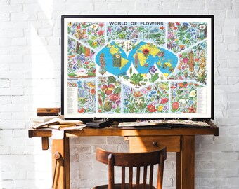 Colorful World Map of Flowers - Floral Illustrations by Continent, Eclectic Home Decor, Educational Print, Vintage Map Art, Floral Poster