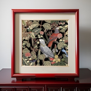 Grauer Papageien Druck - Tropisches Wohndekor, Vintage Vogel Kunstdruck, Wanddekor mit Vögeln, Geschenk Papagei, Leinwanddruck