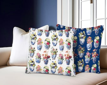 Ginger jar and floral cushion covers - Chinoiserie cushions - ecclectic decor, throw pillows, blue porcelain accent throw, Oriental Pillows
