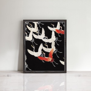 Flying cranes print bird art - vintage illustration Japanese print, Asian decor, chinoiserie print, canvas poster, oriental art print dark