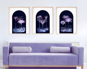 midnight palms tropical prints - tropical wall art, palm tree print, modern decor, gallery wall art, home decor artworks, purple print set