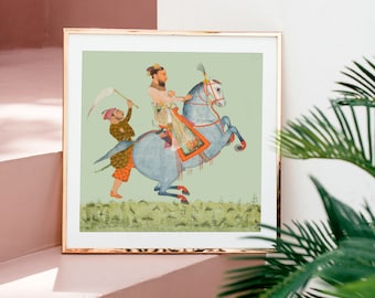 Príncipe indio sobre caballo azul - arte mural ecléctico, decoración maximalista para el hogar, arte indio vintage, decoración de caballos