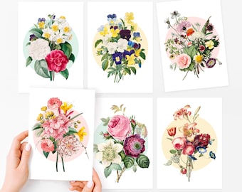 floral blank greeting card set of 6 - assorted botanical art cards, birthday cards for her, blank note cards, multipack cards any occasion