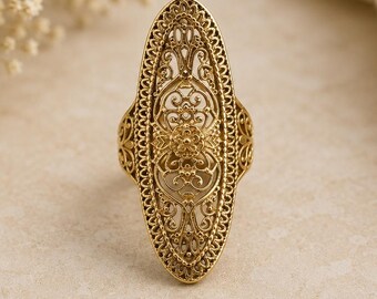 Gold Filigree Statement Ring • Long Boho Brass Ring • Vintage Style Ornate Floral Jewelry • Adjustable Bohemian Ring Gift for Her