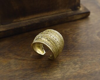 Boho Tribal Adjustable Ring | Gold Textured Band | Ethnic Statement Ring | Vintage Style Wide Ring | Festival Jewelry