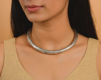 Vintage Silver Torque Necklace, Tribal Engraved Choker Necklace, Oxidized Silver Statement Necklace, Boho Ethnic Jewelry Gift